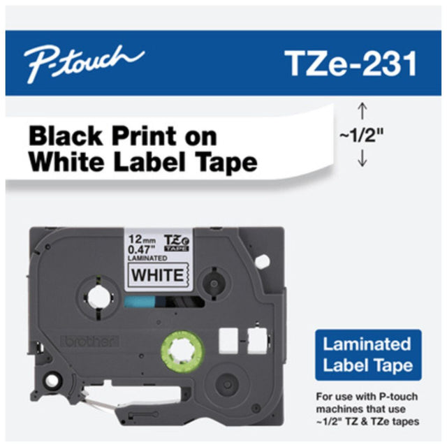 Cinta Laminada para uso interior y exterior Brother TZe-231 | 12 mm | 0.47" | Fondo Blanco y Letras Negras, modelo , Etiquetas