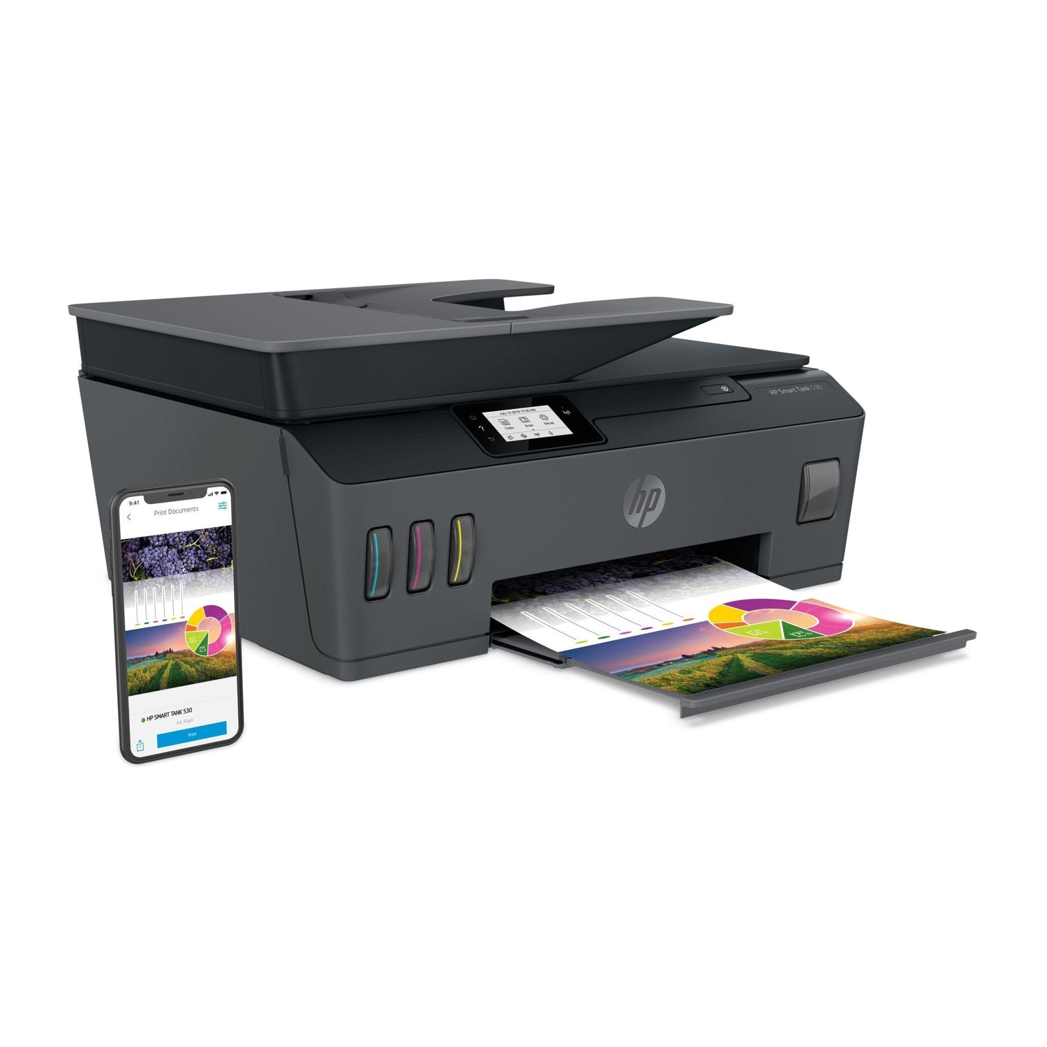 Impresora HP Smart Tank 530 con Escáner Automático y WiFi - Multifuncional de Inyección de Tinta - 12,000 Páginas en Negro - 8,000 Páginas a Color | 11 ppm Negro / 5 ppm Color, modelo , Impresoras de Tinta