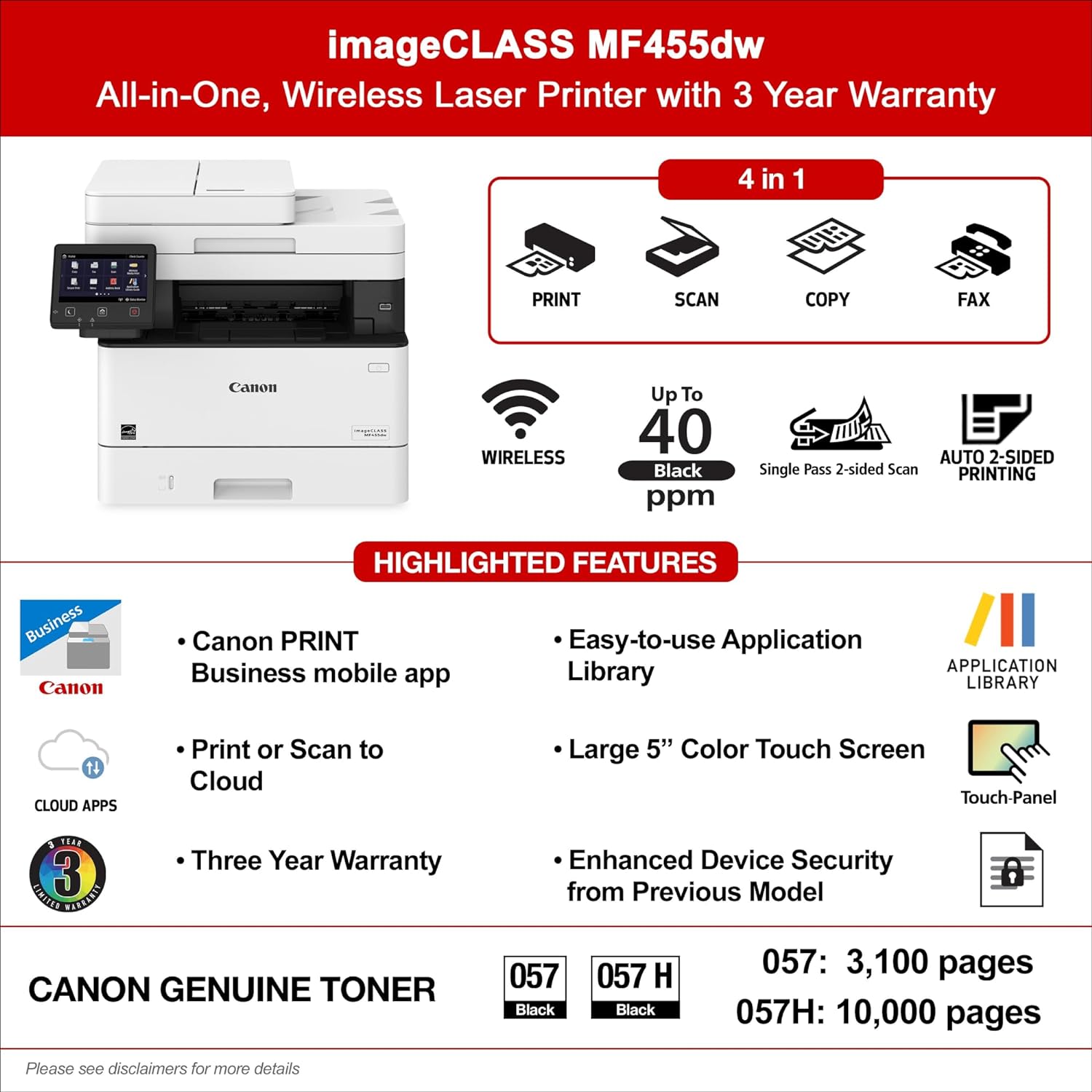 Canon imageCLASS MF455dw Impresora láser inalámbrica todo en uno monocromática -  5161C005BA