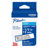 Cinta Laminada para uso interior y exterior Brother TZe-231 | 12 mm | 0.47" | Fondo Blanco y Letras Negras