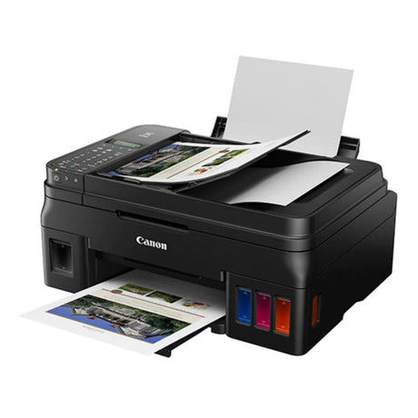 Impresora Canon G4110: Multifuncional Inalámbrica con Sistema de Tinta Híbrido - Escáner Automático - Pantalla LCD 2 líneas