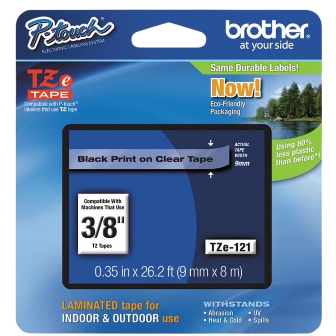Cinta Laminada para uso interior y exterior Brother TZe-121 | 9 mm | 0.35" | Fondo Transparente y Letras Negras, modelo , Etiquetas