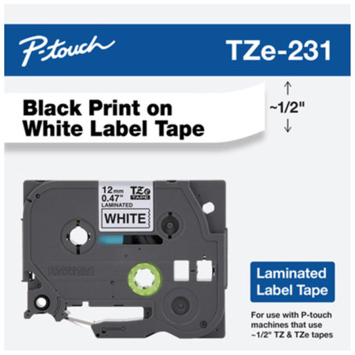 Cinta Laminada para uso interior y exterior Brother TZe-231 | 12 mm | 0.47" | Fondo Blanco y Letras Negras, modelo , Etiquetas