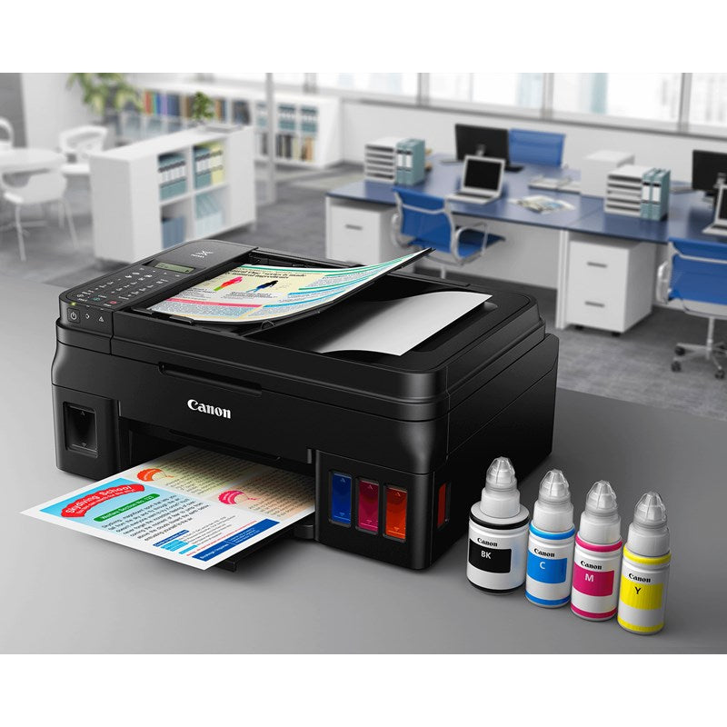 Impresora Canon G4110: Multifuncional Inalámbrica con Sistema de Tinta Híbrido - Escáner Automático - Pantalla LCD 2 líneas