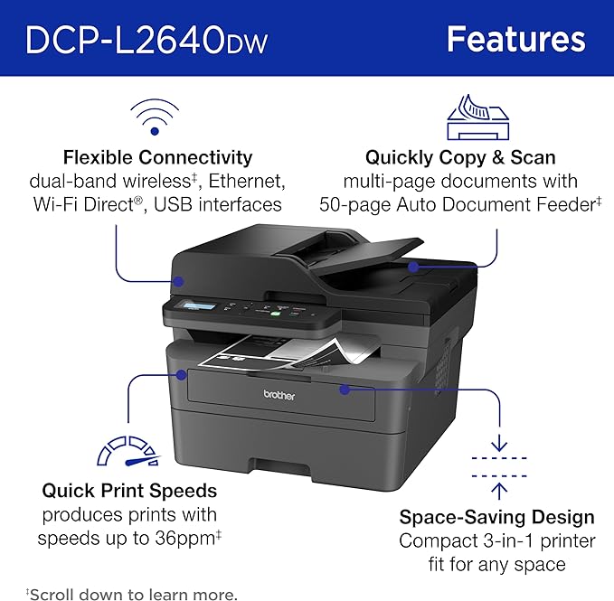 Impresora Laser Brother DCP-L2640DW | inalámbrica monocromática con copia y escaneo, dúplex, móvil, blanco y negro | 36 ppm, modelo , Impresoras Laser