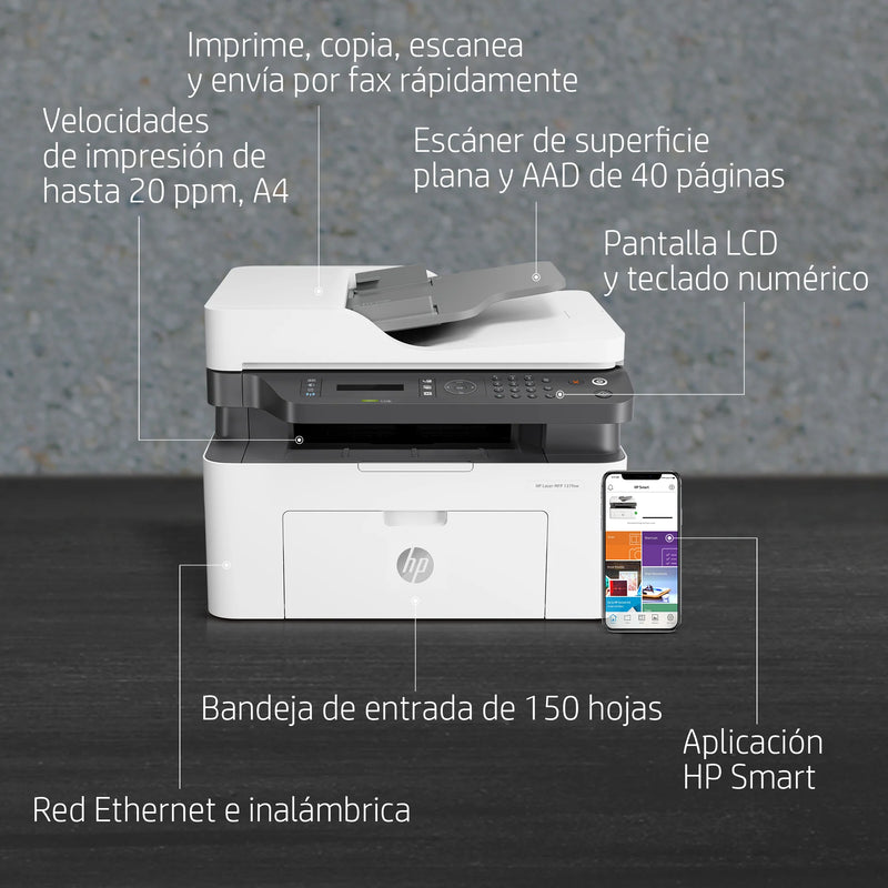 Impresora Multifunción HP Laser 137fnw | Blanco y Negro | USB | RED | WIFI | 20 ppm, modelo , Impresoras Laser