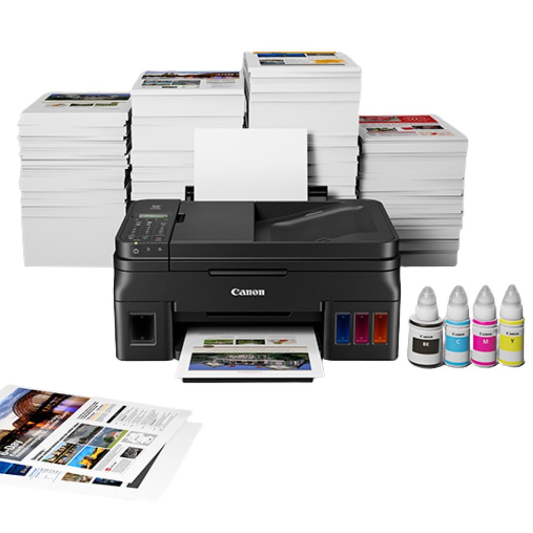 Impresora Canon G4110: Multifuncional Inalámbrica con Sistema de Tinta Híbrido - Escáner Automático - Pantalla LCD 2 líneas