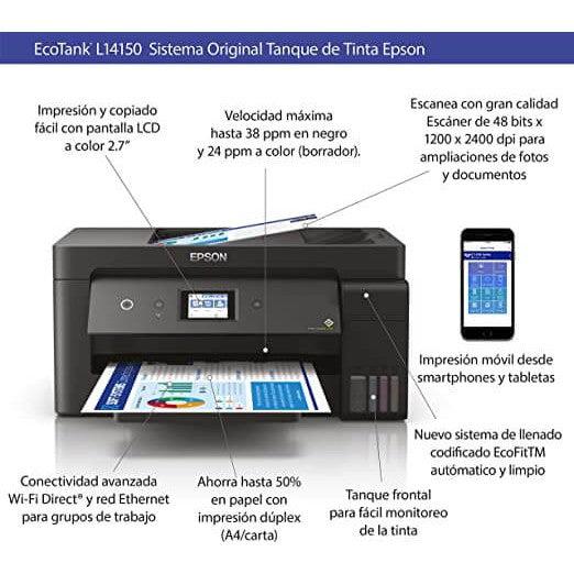Impresora Epson EcoTank L14150 Multifuncional Inalámbrica 4 en 1 - Imprime hasta 13" x 19" - Rendimiento de 7,500 páginas en Negro y 6,000 a Color
