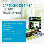 Tinta HP 664XL / 664 XL Color - F6V30AL | DesKjet 2675/3775 | 330 páginas, modelo , Tintas Hp